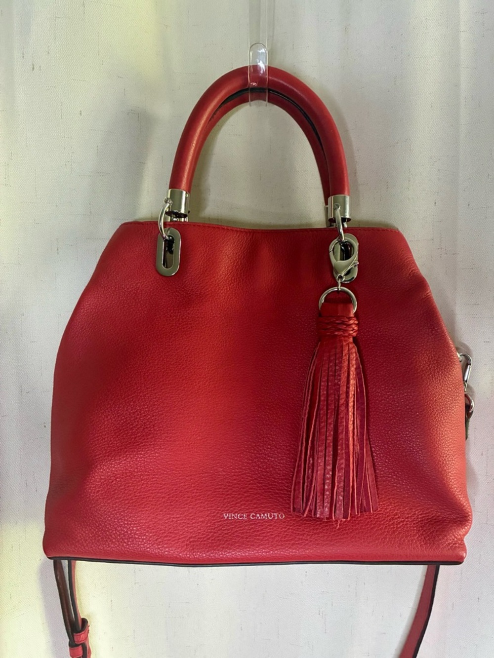 Vince Camuto Red Pebbled Leather Satchel Top Handle Crossbody Tassel Bag